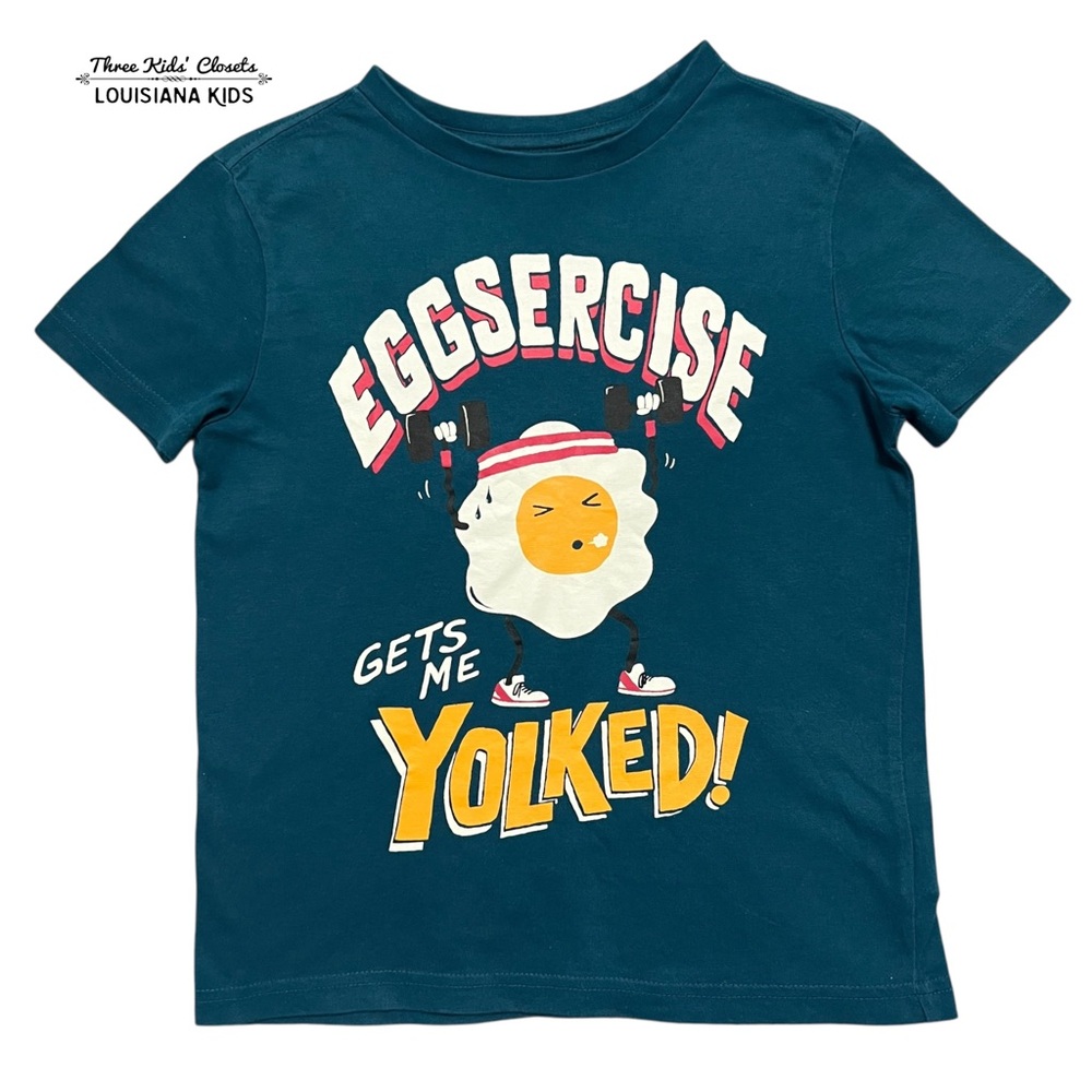 Rumi + Ryder S (6-7) Teal 'Eggsercise' Gets Me Yolked Egg Graphic Tee Shirt